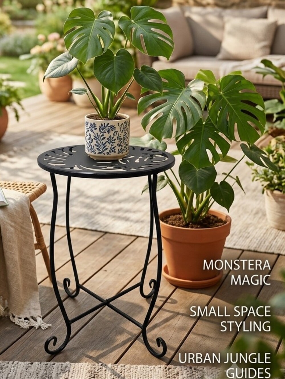 Black Metal Monstera Leaf Plant Stand – Lightweight Folding Accent Table